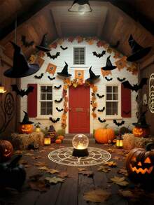 19pcs/Set Halloween Witch Hat + 3D Bat Stickers + Fishing Line Set, Costume Accessories For Role Play, Carnival, Festivals. Thick Hanging Black Wizard Hat For Men, Women, Children, Indoor & Outdoor Party Decor