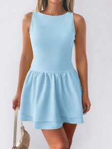 Women's Solid Color Fitted Backless Christmas Dress - Light Blue - View 5