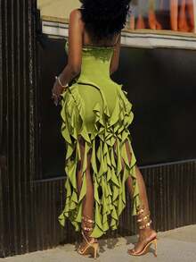 Halter Ruffle Layered Hem Bodycon Dress In Bright Green, Asymmetrical Fringe Summer Beach Look - Green - View 2