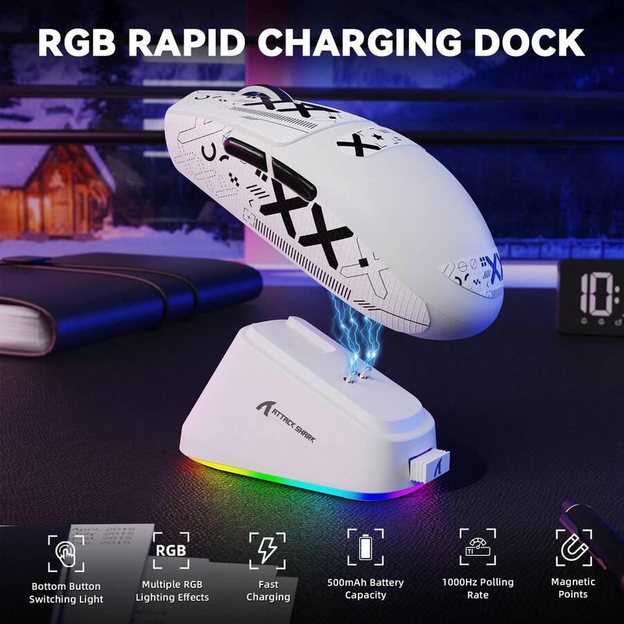 ATTACK SHARK G3PRO Wireless Gaming Mouse With RGB Charging Base, Ultralight 59g, 2.4G/USB-C/Bluetooth Tri-Mode Connection, PAW3311 Optical Sensor, 1000Hz, 25000 Adjustable DPI, 500mAh Battery For PC/Laptop/Windows - 白色+貼紙 - 查看 1