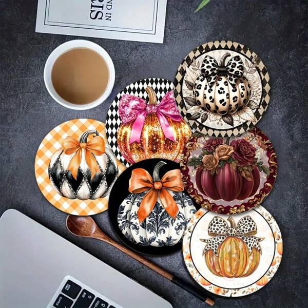 4/6pcs Halloween Coaster Set, Colorful Pumpkin Design, Round Coasters, Suitable For Home Decor And Halloween Party, Halloween Decorations, Cute Autumn Decor, Fit For Party Celebration, Perfect For Halloween Atmosphere