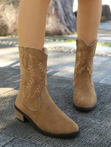 全新青少年尖头刺绣西部牛仔靴，舒适日常百搭棕色/黑色/米色西部靴 - 棕色 - 查看 4