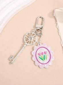1pc Women's New Acrylic Cute Plaid Flower Keychain Pendant, Fresh And Fashionable Key Chain Accessory For Bag, Car Keys Car Accessories Goth Y2k - Multicolor - View 2