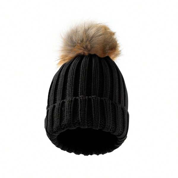 Women's Knitted Bobble Hat With Faux Fur Pom Winter Warm Chunky Beanie