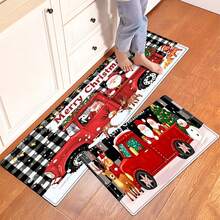 1/2/3 Pcs Merry Christmas Red Truck, Christmas Tree, Santa Claus, Snowman, Deer, Dog, Pig And Cow, Black And White Lattice Background "Merry Christmas" Cartoon Style Flannel Soft Kitchen Rugs Non Slip Washable, Throw Rug, Anti-Fatigue Non-Skid Runner