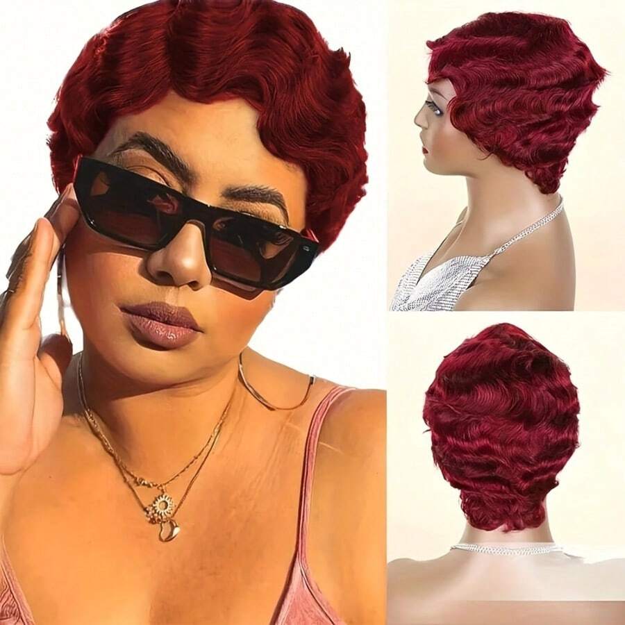 HJ WEAVE BEAUTY Peluca de cabello humano con corte Pixie de 4 pulgadas, estilo bob brasileño con ondas cortas para mujer, hecha a máquina, con línea de cabello natural, densidad del 200%, n.° 99J