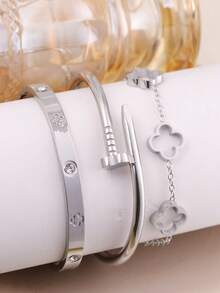 3 件/1 件时尚奢华四叶草锆石镶嵌不锈钢手镯，适合日常佩戴 - 銀色 - 查看 10