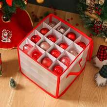 1pc Christmas Decoration Storage Box With 64 Compartments, Zipper Snowflake Christmas Ball Storage Container, Small Trinket Decoration Organizer Box, Vinyl Decorative Plastic Box With Handle, Christmas Storage Box And Organizer