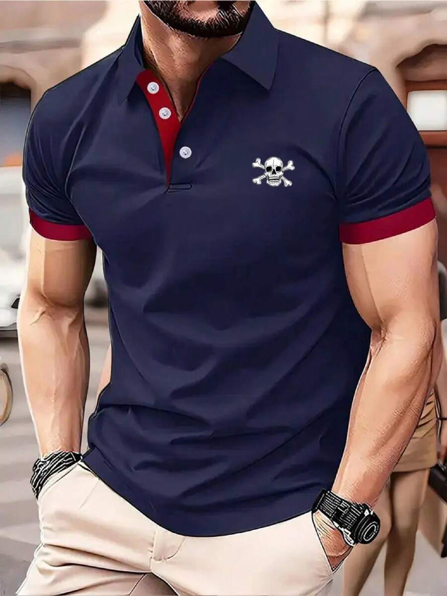 Men's Lightweight Business Shirt - Quick-Drying Golf And Formal Shirt With Skull Logo Pattern, Machine Washable Polyester Fiber, Suitable For Office, Outdoor Activities, Casual Wear - Non-See-Through Business Casual Top, Geometric Pattern Design, Smooth Texture, Professional Style, Versatile Short-Sleeve Top, Durable Construction - 藏青 - 查看 1