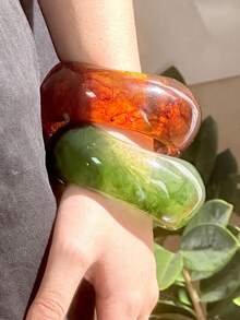 1pc Oval Wide Geometric Arc Resin Tie Dye Coffee Color Bracelet, Retro Fashion Women Bracelet - Bracelet - View 3