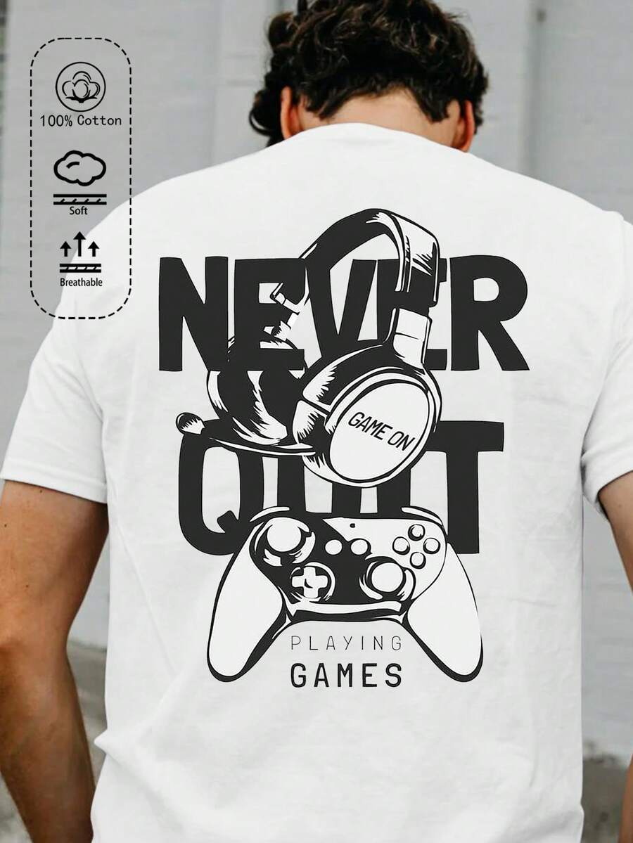 Pure cotton men's T-shirt, street wind power racing style pattern printing, college style spring and summer new sports men's clothing, fashionable soft breathable men's white short sleeve tops