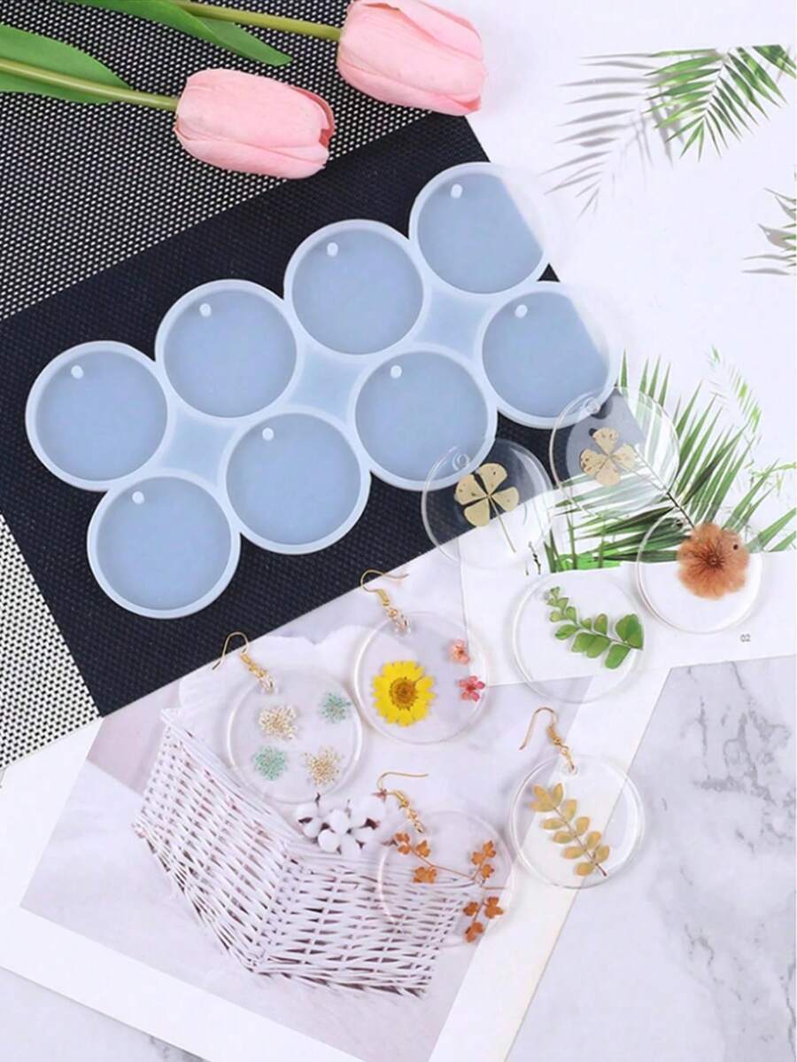 1pc 8 Cavities Round Resin Jewelry Casting Molds Clear Flat Round Resin Pendant Silicone Molds With Hanging Hole For Resin Epoxy UV Resin Soap DIY Craft