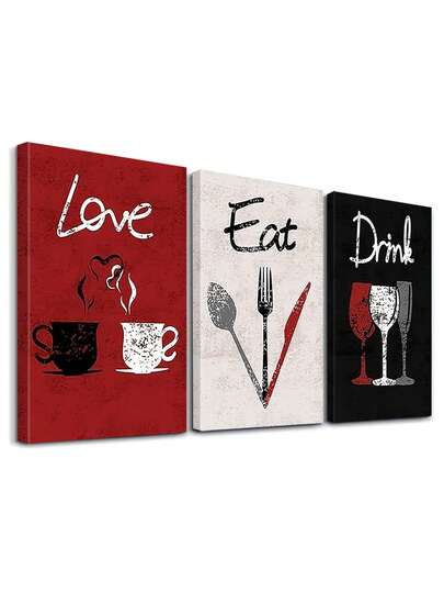 3 piezas Juego de decoración de cocina - Arte de pared en lienzo negro y rojo moderno, obras de arte, póster, impresiones artísticas, pósteres, excelente para el comedor, chef o dama, para la sala de estar, dormitorio, baño, con opción de marco