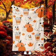 1pc Cartoon Cute Halloween Theme Blanket, Featuring Ghost & Pumpkin Print, Made Of Soft Flannel Fabric, Warm And Practical For Bedroom, Living Room, Halloween Decor, Office Nap, Camping, Yellow Throw Blanket