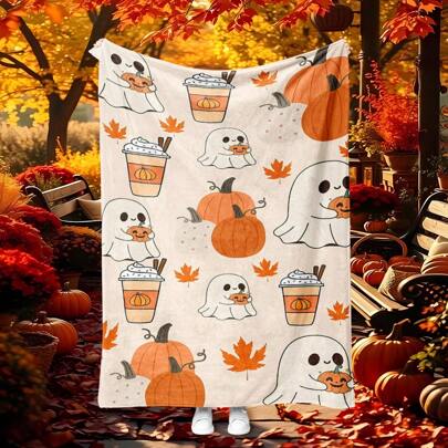 1pc Cartoon Cute Halloween Theme Blanket, Featuring Ghost & Pumpkin Print, Made Of Soft Flannel Fabric, Warm And Practical For Bedroom, Living Room, Halloween Decor, Office Nap, Camping, Yellow Throw Blanket