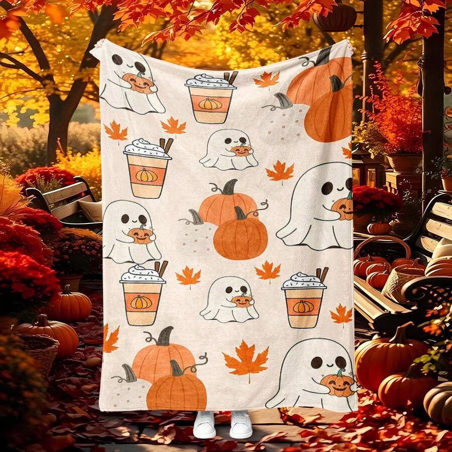 1pc Cartoon Cute Halloween Theme Blanket, Featuring Ghost & Pumpkin Print, Made Of Soft Flannel Fabric, Warm And Practical For Bedroom, Living Room, Halloween Decor, Office Nap, Camping, Yellow Throw Blanket