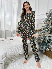 2pcs Women's Long Sleeve Top & Pants Cute Christmas Cartoon Pattern Pajama Set, Autumn/Spring, Fall Clothes
