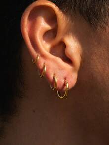 1 Pair Stainless Steel Earrings, Unisex, Stackable, Cartilage Hoop, Hinged Earrings, Small Earring Set, Suitable For Girls - Gold - View 5