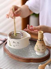 4pcs Sakura Ceramic Matcha Bowl Set, Includes Matcha Bowl, Chasen (Bamboo Whisk), Chashaku (Bamboo Scoop), Hishaku (Bamboo Ladle), Japanese Style Matcha Preparation Tools, Foaming Whisk, Lip Matcha Bowl, Traditional Japanese Matcha Tea Set, For Making Frothy Matcha Green Tea.