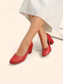 Women's Low Chunky Pumps Block Heel Dress Shoes Closed Round Toe Comfortable Heels For Commuting Parties Daily Wear - 紅色 - 查看 9