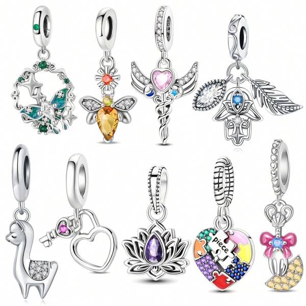 1 Pc 925 Silver Plated Small Cutlery Bow Angel Sword Guardian Colorful Puzzle Heart Lock Small Chrysanthemum Garden Bee Feather Fatima Hand Purple Gemstone Lotus Flower Alpaca Vintage Decorative Lace Small Blue Moth Pendant DIY Charm Suitable For Original Snake Bone Bracelet, Women's Daily Wear Valentine's Day Gift Jewelry