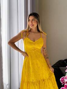 MIDI DRESS WITH TIES ON THE LAISE STRAPS - Yellow - View 2