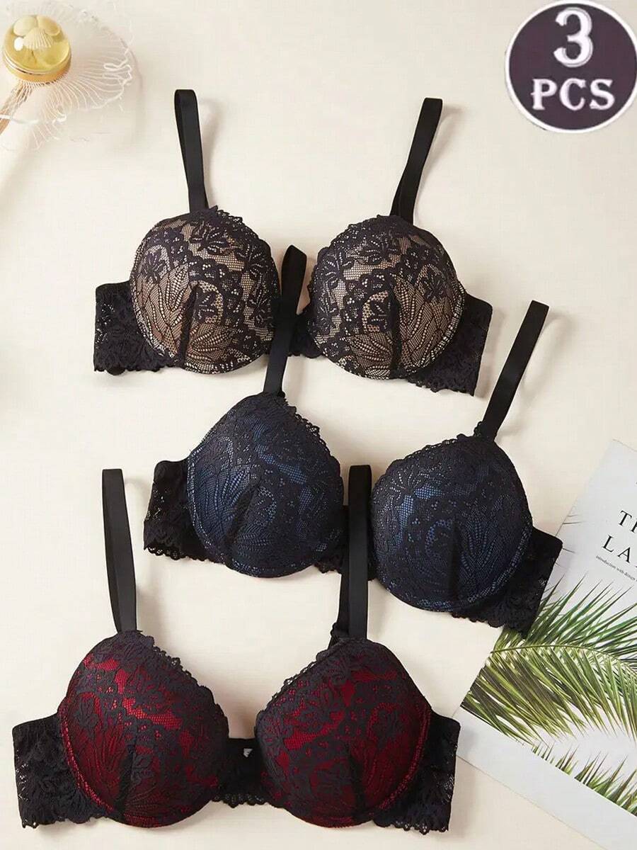 3-Piece Lace Flower Contrast Sexy Women's Underwear Bra, Thin Top And Thick Bottom Contrast Pattern, 3/4 Cup Size, With Steel Ring Bra Gathering And Shaping - 3件裝 - 查看 1