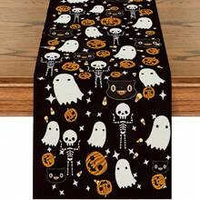 1/25pcs Halloween Themed Pumpkin & Haunted Castle Pattern Table Runner, Dining Table Decor For Restaurant Party Holiday, Dark Style Tablecloth, Halloween Decoration, Indoor Decor, Halloween Party Supplies, Holiday Gift, Room Decor, Dining Table Accessory