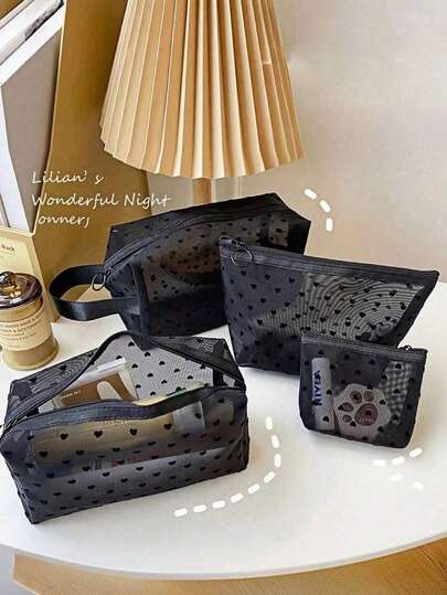 New 1pc Heart Print Mesh Makeup Bag Set Toiletry Cosmetic Purse With Zipper Portable Storage Organizer For Home Office Travel Christmas Gift Boho Black Toiletry Bag For Ladies,Small Makeup Bag,Toiletry Bag For Ladies,Small Makeup Bag,Toiletry Bag For Women