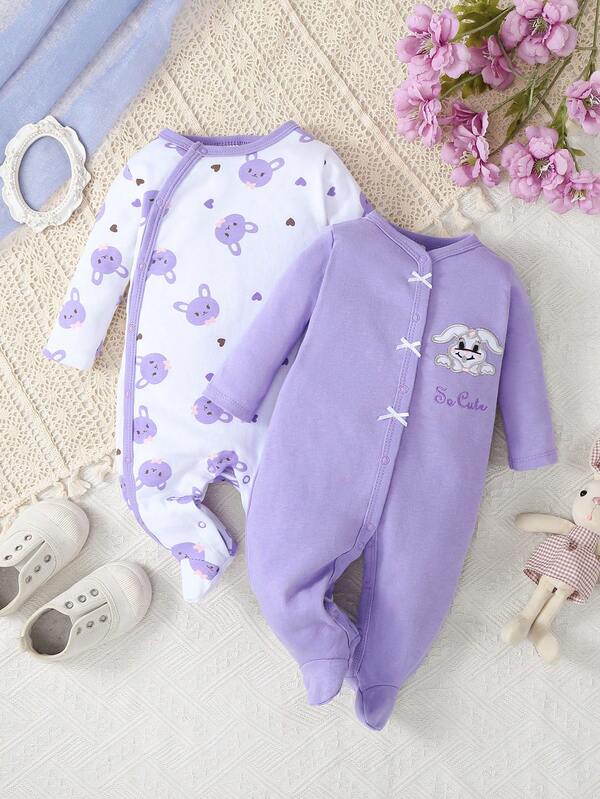 2pcs/Set Cute Baby Girl Autumn/Winter Buttoned Jumpsuit Romper With Cartoon Pattern