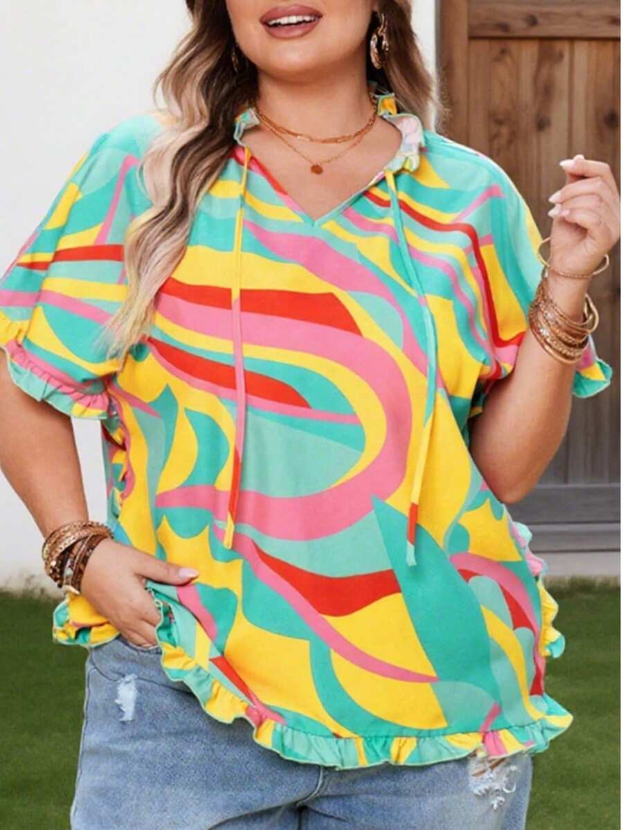 Plus Size Women Casual Holiday Multicolor Graphic Print Tie V-Neck Ruffle Trim Summer Tops - Green - View 1