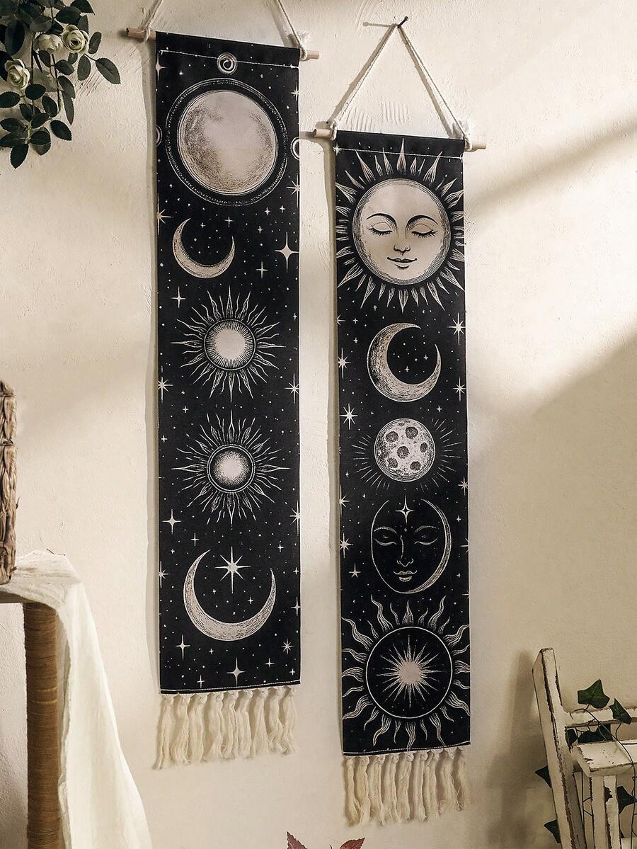 半幅手工编织流苏星空挂毯，波西米亚风格，日月星辰图案，黑色横幅，灵性占星装饰，唯美墙面艺术，适用于客厅、家居、卧室、房间、墙面、办公室、宿舍、冥想空间