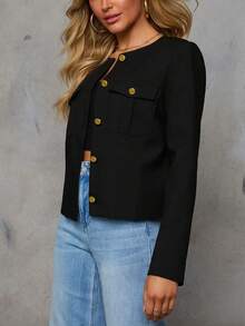 Jaqueta curta elegante feminina com botões em cores contrastantes, adequada para outono e inverno - Preto - Ver 8