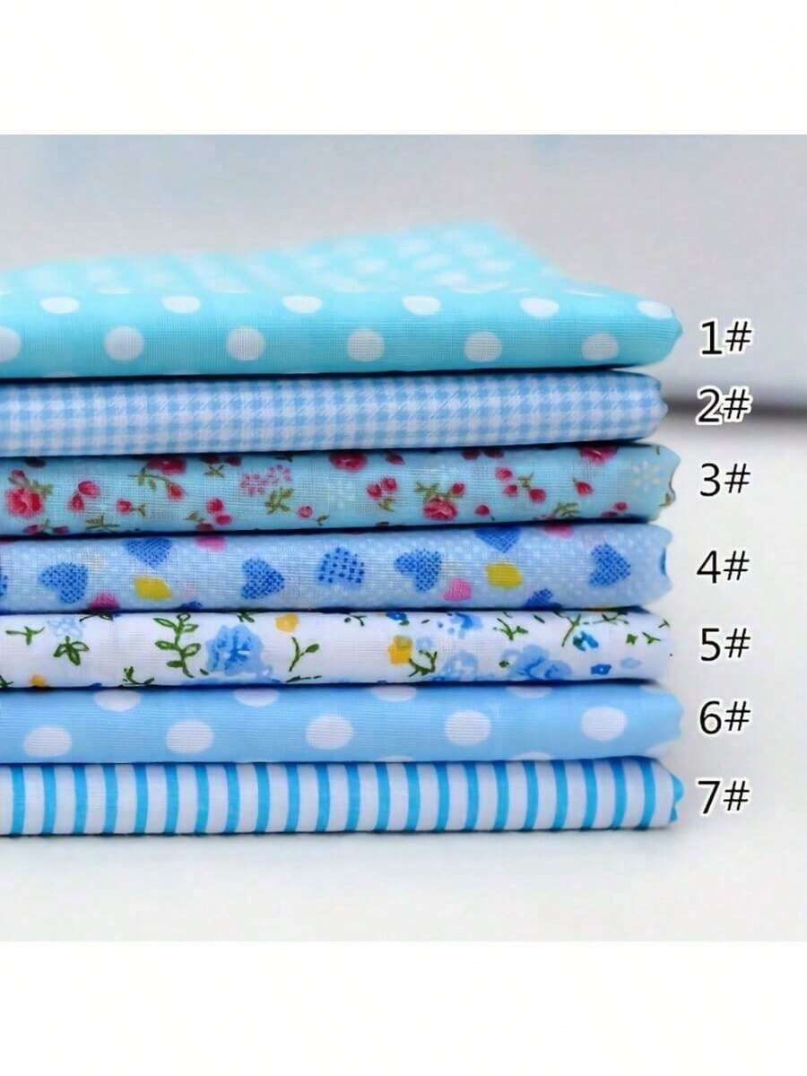 7pcs Blue Floral & Polka Dot Craft Fabric Bundle - 10" X 10" Squares For DIY Sewing, Scrapbooking, And Quilting, Hand Wash Only, Sewing Supplies Accessories - 藍色 - 查看 1