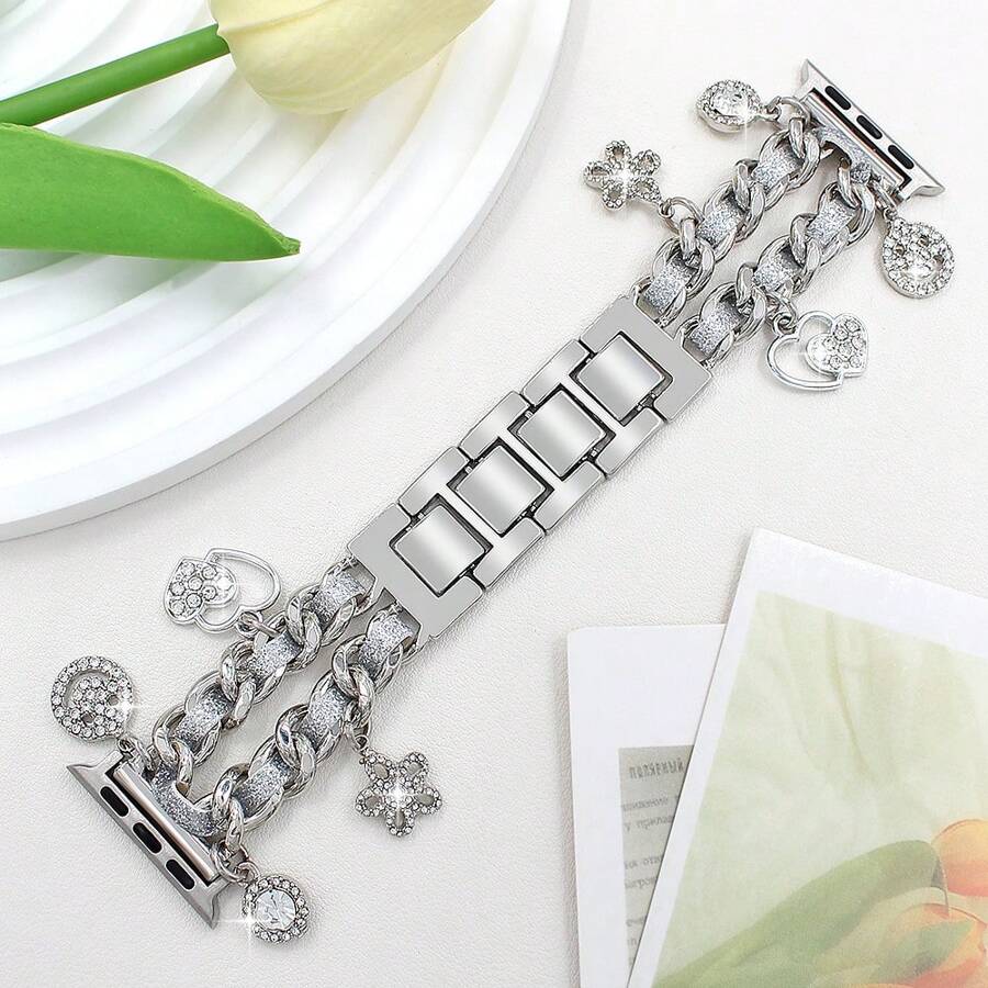 1 Stück schwarzes glitzerndes Lederarmband mit Liebes-Anhänger aus Zinklegierung, kompatibel mit Apple Watch Ultra 2/SE/10/9/8/7/6/5/4/3/2/1, 38/40/41/42mm 42/44/45/46/49mm