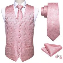 Mens Waistcoat Pink Flower Vest Tie Hankie Cufflinks Set Tuxedo Gilet Wedding Formal Casual Office - 粉色 - 查看 3