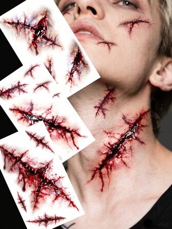 3 件万圣节僵尸疤痕临时纹身，假血迹伤口缝合疤痕身体脸部防水纹身贴纸适用于化妆派对恶作剧