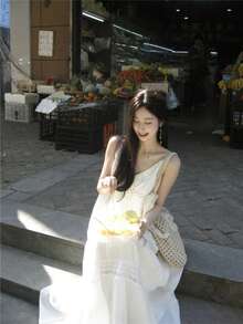 宽松白色拼布蕾丝边吊带背心裙，飘逸修身 - 白色 - 查看 4