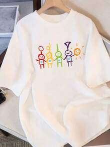 Women's Round Neck T-Shirt With Colorful Geometric Figures Print, Fashion Women's T-Shirt With Colorful Geometric Figures Print, Casual Short Sleeve T-Shirt, Promotion Women's Blouse, Comfort For All Seasons - trắng - Xem 1