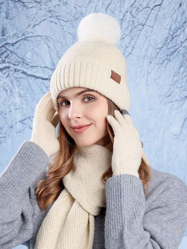 Women's Winter Knitted Beanie, Long Scarf, And Touch Screen Gloves Set, Double-Layer Thick Lining, Patterned Fabric With Faux Fur Pom Pom, Suitable For Skiing, Travel, Driving, Dates, Gifts, And Daily Use
