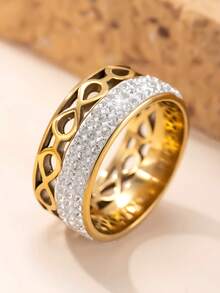 1pc Fashionable Stainless Steel Hollow Great Wall & Clover Rhinestone Decor Ring, Suitable For Men And Women Daily Wear - Ring - View 10