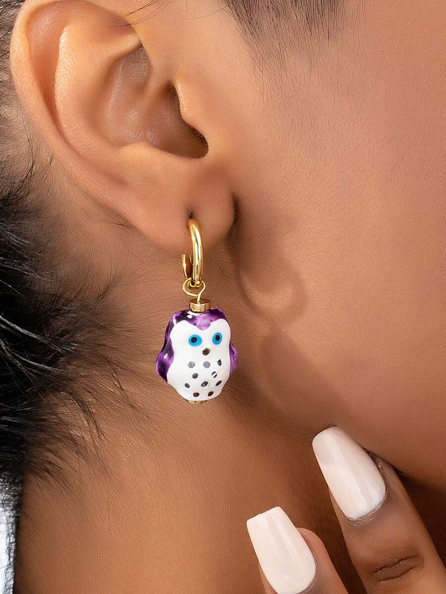 1 对 18K 镀金可爱卡通猫头鹰陶瓷耳环，带鸟和流苏元素，时尚耳环，适合女性派对、街头风格、ins 风格