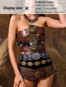 Hershine Nowy pasek w stylu retro western cowboy w stylu boho z 2025 roku. Pasek w stylu punk, w kolorze antycznego brązu, z owalną, ażurową klamrą w kształcie kwiatu, ze skóry PU, z metalową klamrą w kształcie głowy byka i ozdobnymi dodatkami.