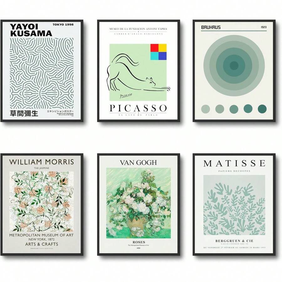 Sage Green Matisse Wall Art Prints, Modern Abstract Exhibition Posters Set Of 6, Vintage Colorful Flower Market Women, Pink Danish Pastel Aesthetic, Boho Retro Minimalist Images Decor Bedroom,