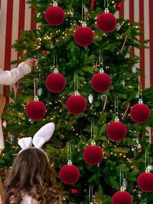 12 quả bóng nhung trang trí Giáng sinh, bóng nhung thủ công, đồ trang trí cây thông Noel, bóng đèn cây thông Noel cho tiệc kỷ niệm ngày cưới (màu đỏ) - Màu Đỏ Sâu - Xem 3