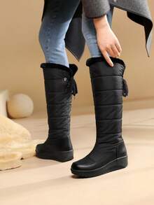 Women's Fuzzy Faux Fur Winter Snow Boots Fashion Platform Wedges Heel Pull On Waterproof Casual Comfy Knee High Boots Woman - màu đen - Xem 3