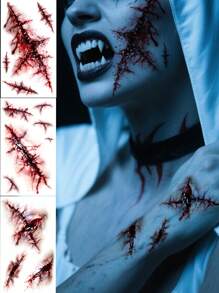 3 件万圣节僵尸疤痕临时纹身，假血迹伤口缝合疤痕身体脸部防水纹身贴纸适用于化妆派对恶作剧 - 紅色 - 查看 3