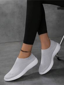 Gray Breathable Knit Casual Slip-On Flat Shoes For Women, Lightweight & Comfortable