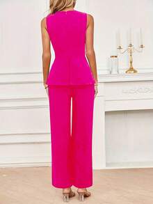 CONJUNTO LISO UNICOLOR PARA DAMA, CONJUNTO DE 2 PIEZAS, PANTALÓN CON ELÁSTICO EN CINTURA Y BOLSILLOS LATERALES Y TOPS CHALECO, TELA ELÁSTICAC, DELGADO Y LIGERO - Rosa Fucsia - Ver 2