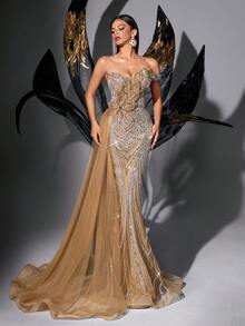 闪亮亮片礼服，花卉装饰，高端晚礼服，适合高档晚宴、盛大晚会、生日派对、鸡尾酒会、毕业舞会、颁奖典礼等场合。纯色无肩带鱼尾裙，适合春季婚礼穿着。 - 香檳色 - 查看 6